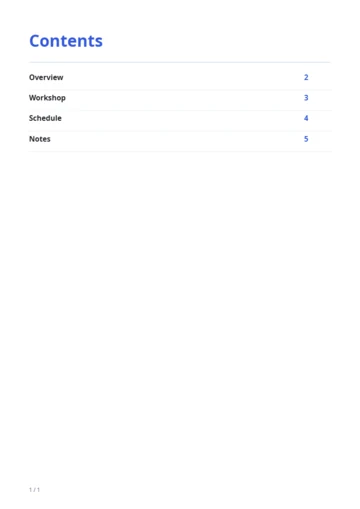 A new Contents page lists Overview, Workshop, Schedule and Notes with destination pages 2–5.