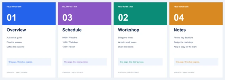 Kaksi syötettä: odd.pdf sisältää Overview- ja Schedule-osiot; even.pdf sisältää Workshop- ja Notes-osiot.