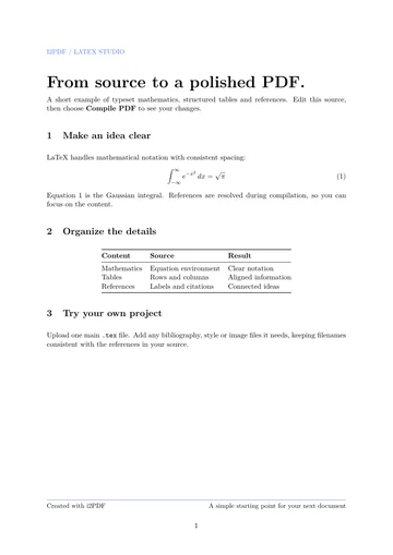 Kompileret PDF på én side med ligninger og en tabel