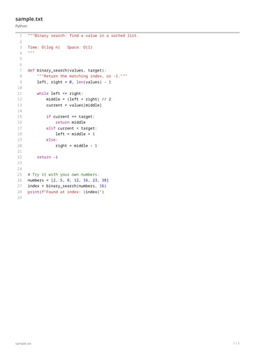 One-page PDF code listing