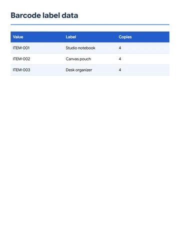 سجلات CSV الثلاثة بأعمدة Value وLabel وCopies.