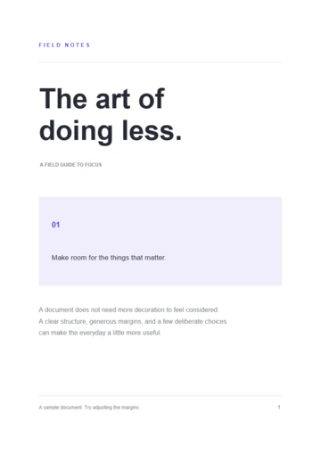 Full sample page with its title, purple callout, body text, and footer; a blue box marks the headline to keep