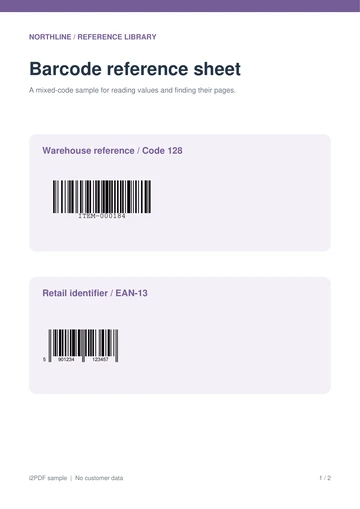 The first page of the two-page barcode reference PDF.