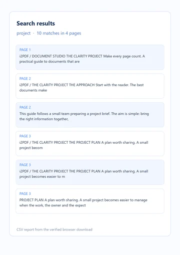 Rows from the real downloaded CSV report with page numbers and text context
